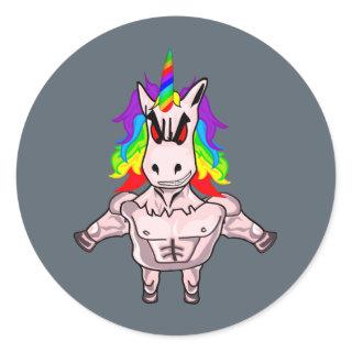Rainbow Hair Muscular Unicorn Body Building Classic Round Sticker