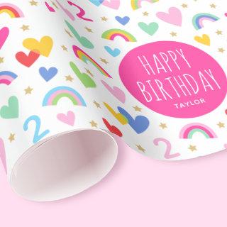 Rainbow Hearts 2nd Birthday Custom Name Pink