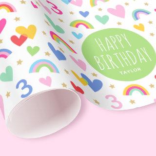 Rainbow Hearts 3rd Birthday Custom Name Green