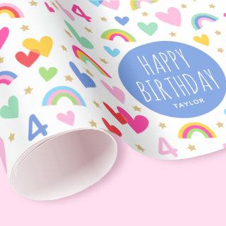 Rainbow Hearts 4th Birthday Custom Name Blue