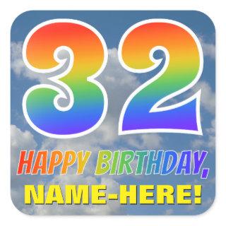 Rainbow Look "32" & "HAPPY BIRTHDAY", Clouds, Sky Square Sticker