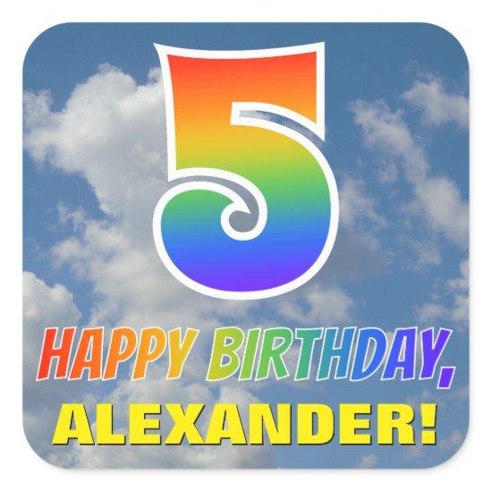 Rainbow Look "5" & "HAPPY BIRTHDAY", Clouds, Sky Square Sticker