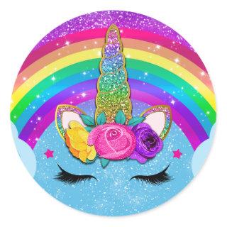 Rainbow Sparkle Glittery Unicorn Horn Face Party Classic Round Sticker