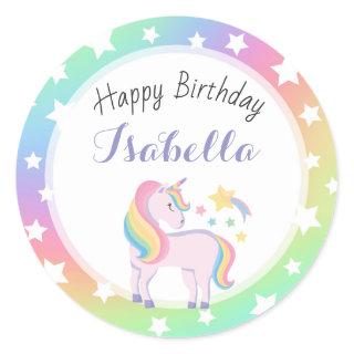 Rainbow Stars & Magical Unicorn Happy Birthday Classic Round Sticker