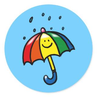 Rainbow umbrella & rain drops classic round sticker