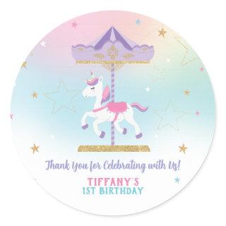 Rainbow Unicorn Carousel 1st Birthday Gold Glitter Classic Round Sticker