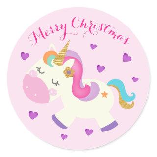 Rainbow Unicorn Christmas Glitter Pink Classic Round Sticker