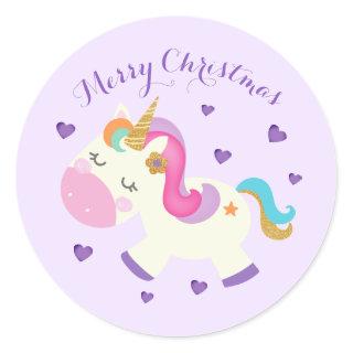 Rainbow Unicorn Christmas Glitter Purple Classic Round Sticker