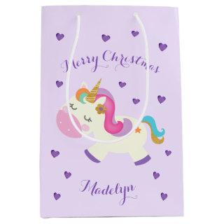 Rainbow Unicorn Christmas Glitter Purple Medium Gift Bag