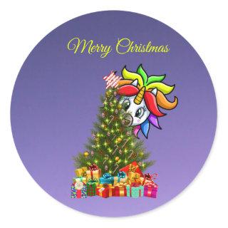 Rainbow Unicorn, Christmas Tree, Purple Classic Round Sticker