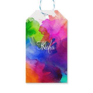 Rainbow Watercolor Abstract Name Monogram Gift Tags