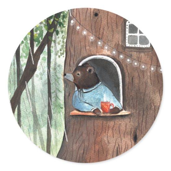 Rainy Day Bear Daydream Tea Time Illustration    Classic Round Sticker