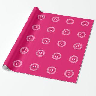 Raspberry Wht Greek Key Rnd Frame Initial Monogram
