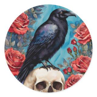 Raven On Skull Red Roses Night Classic Round Sticker