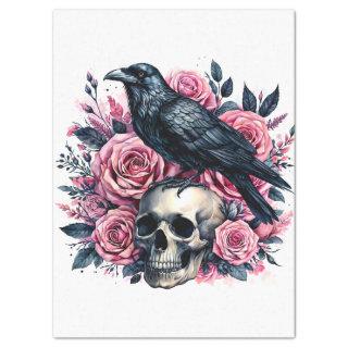 Raven On Skull With Pink Roses Tissue Paper