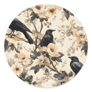 Raven pattern crow floral trees classic round sticker