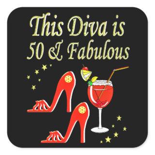 RAVISHING RED  MARTINI AND HEELS 50TH BIRTHDAY SQUARE STICKER