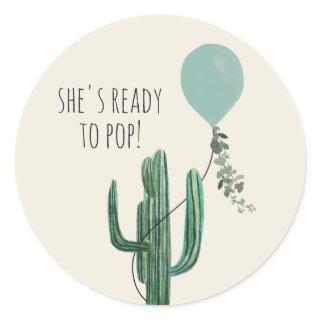 Ready to Pop Balloon Cactus Blue Boy Baby Shower Classic Round Sticker