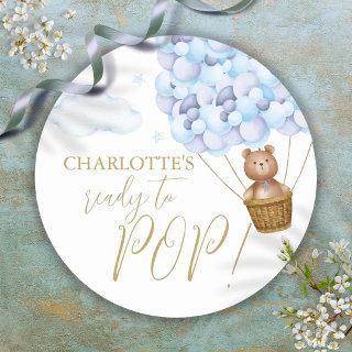 Ready To Pop Bearly Wait Bear Cub Blue Baby Shower Classic Round Sticker