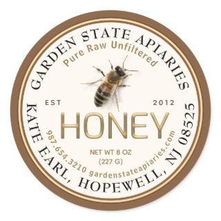 Realistic Bee Pure Raw Local Embossed Text Honey Classic Round Sticker