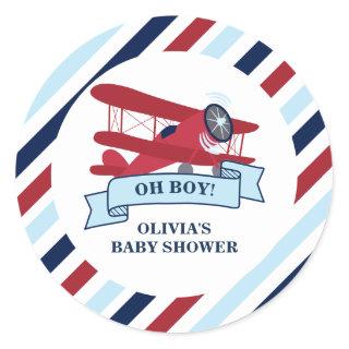 Red Airplane Baby Shower Classic Round Sticker