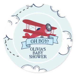 Red Airplane Baby Shower Classic Round Sticker