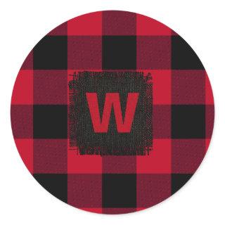 Red and Black Buffalo Check Monogram Classic Round Sticker