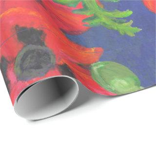 Red and Black Oriental Poppies Pattern on Blue
