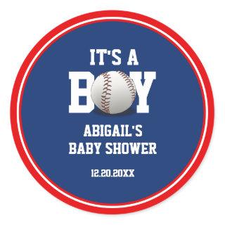 Red and Blue Baseball Baby Shower It's a Boy Classic Round Sticker