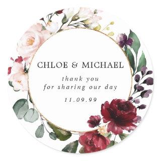 Red and Blush Pink Floral Wedding Thank You Classic Round Sticker
