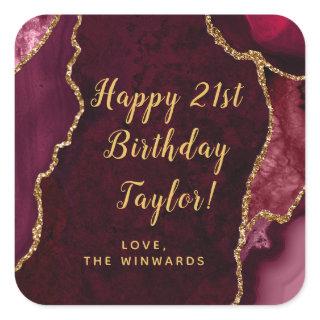 Red and Gold Agate Happy Birthday Square Sticker