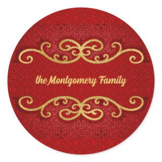 Red and Gold Damask Swirls with Name Classic Round Sticker
