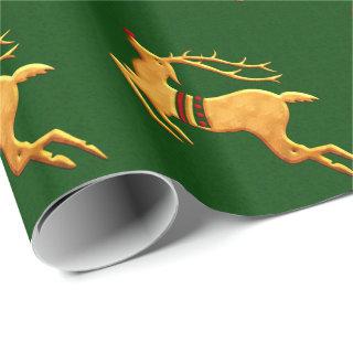 Red and Gold Reindeer on Green Damask