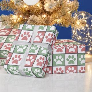 Red and green Christmas Theme Paw Print Pattern
