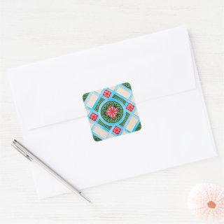 Red And Green Floral Ornamental Tile Square Sticker
