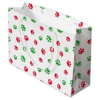 Red and Green Paw Prints Pattern Christmas Theme Large Gift Bag
