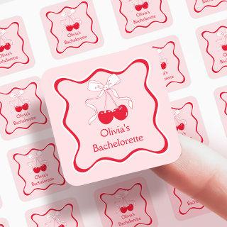 Red and Pink Wavy Bow Cherry On Top Favor Square Sticker