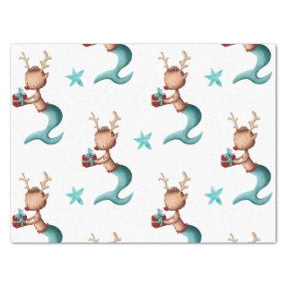 Red and Teal Mermaid Reindeer with Stars Christmas Tissue Paper