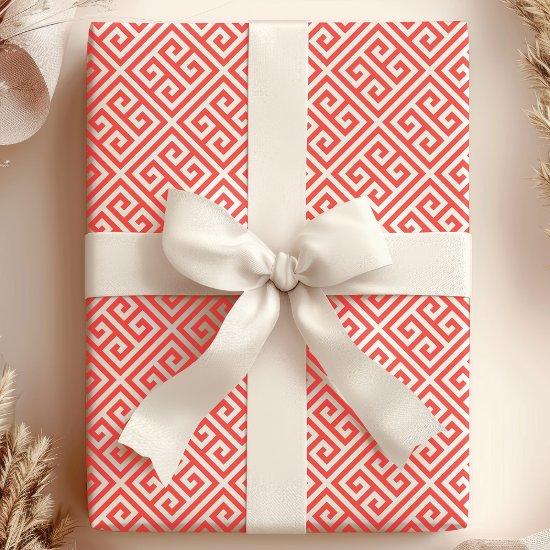 Red and White Greek Key Maze Pattern