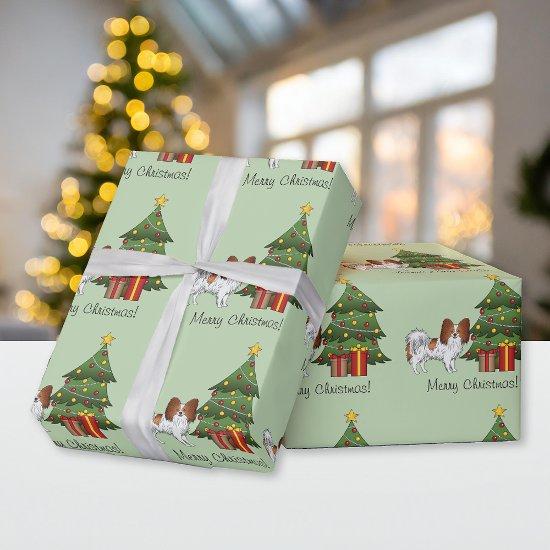 Red And White Papillon Dog By A Christmas Tree