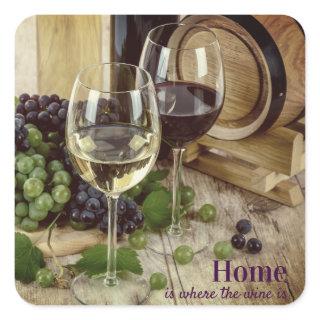 Red and White Wine Glasses Grapes Barrel Square Sticker