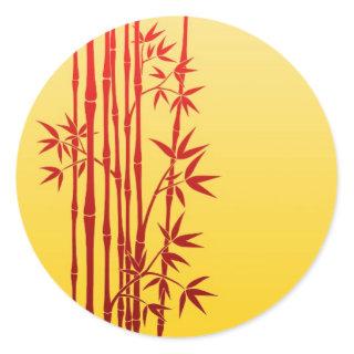 Red Bamboo Sticks with Leaves on Yellow Classic Round Sticker
