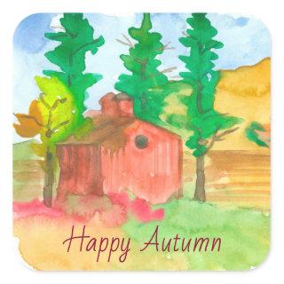 Red Barn Happy Autumn Watercolor Square Sticker