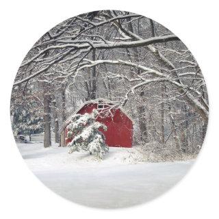 Red Barn in the Snow 2011 Classic Round Sticker