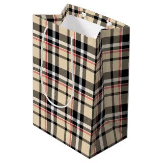 Red Beige Black White Squares Tartan Plaid Pattern Medium Gift Bag