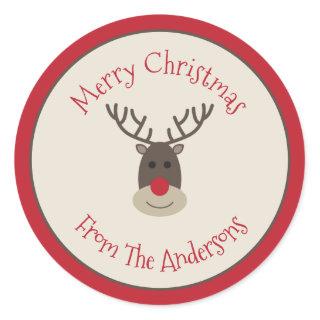 Red Beige Merry Christmas Sticker with Rudolph