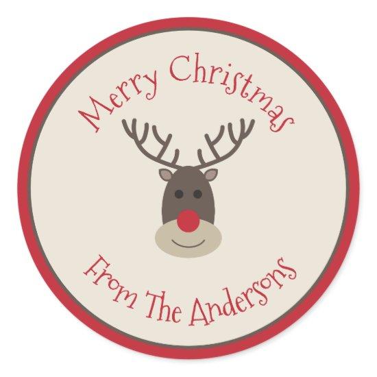 Red Beige Merry Christmas Sticker with Rudolph