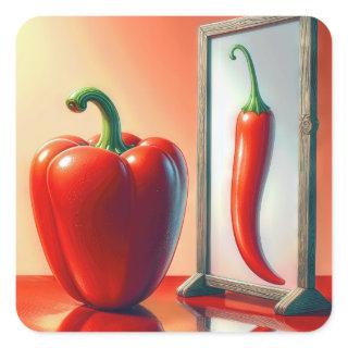 Red Bell Pepper Looking In a Mirror Square Sticker
