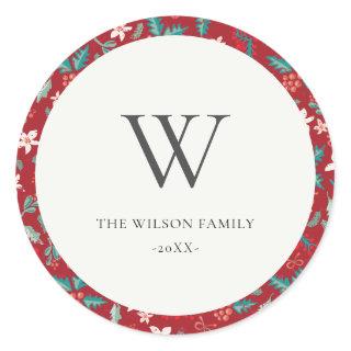 Red Berries Christmas Floral Pattern Monogram Classic Round Sticker