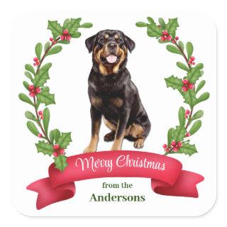 Red Berry Holly Banner Rottweiler Dog Christmas Square Sticker